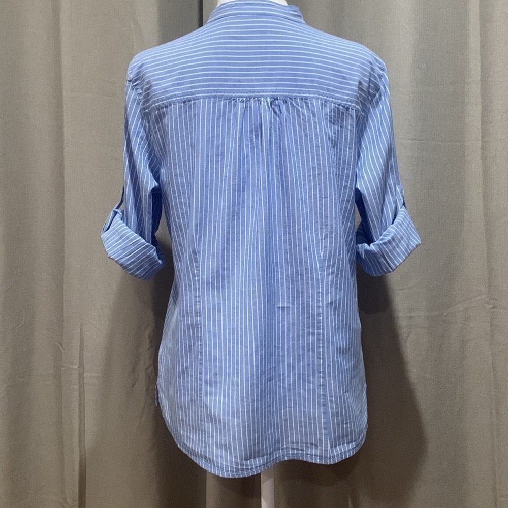 L.L. Bean Blue and White Striped Roll Tab Sleeve Top Size Medium - Picture 3 of 15